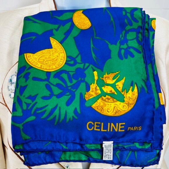 Vgt  Celine Paris 100% Silk Scarf Satin 34"  Green Blue Purple Floral Gold   (38 - Picture 15 of 16